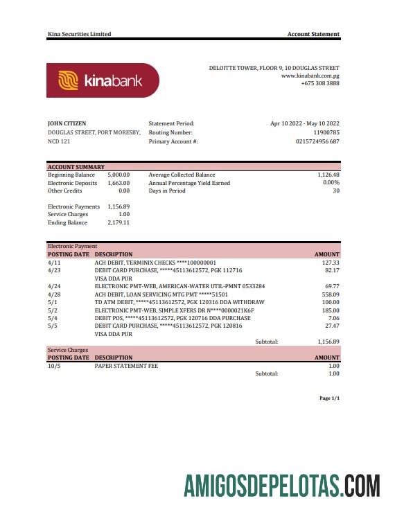 Papua Nova Guiné para impressão Kina Securities Limites Extrato bancário modelo Excel e PDF